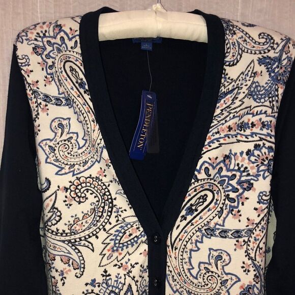 Pendleton LP Navy Blue Black Coral Button Front Paisley Cardigan - Picture 3 of 8